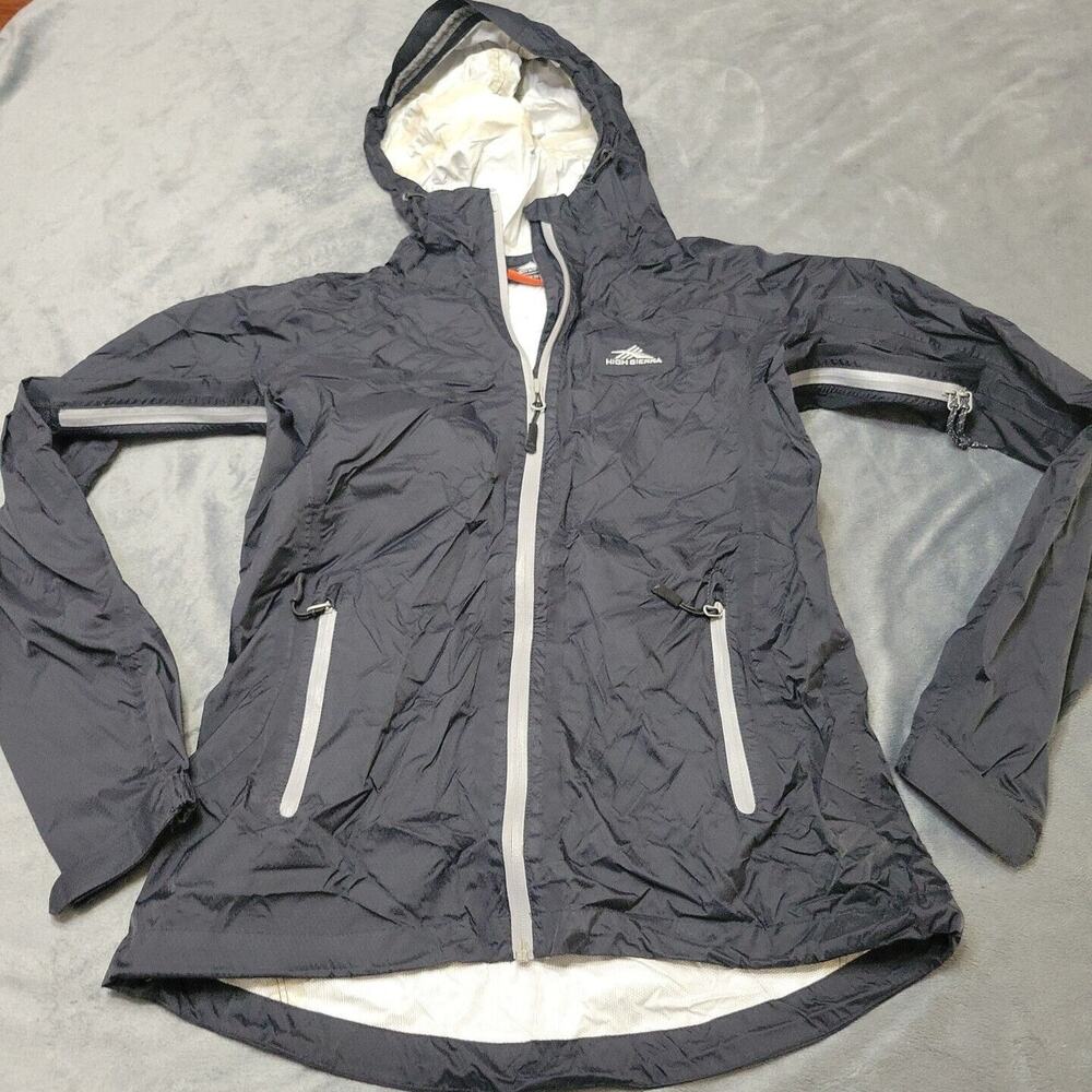 High Sierra Rain Jacket Womens Small Black Wind Zip Pocket Hooded Packable Nylon